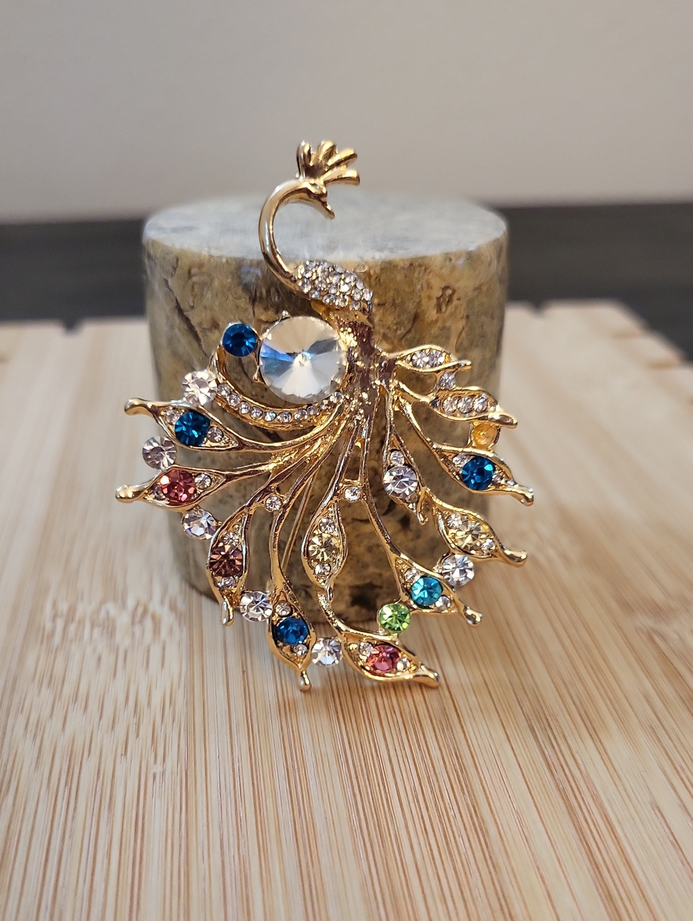 Gold Peacock Crystal Brooch - Multicolor Accent